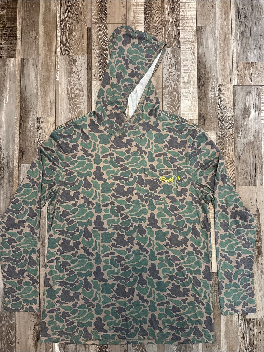 Marsh Wear Camouflage Long Sleeve Hooded Tee with Yellow Logo - Green Camo